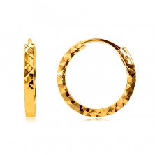 Náušnice ve žlutém 585 zlatě - kroužky ozdobené diamantovým řezem, hranatá ramena, 12 mm
