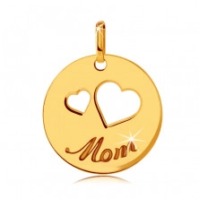 Plochý zlatý přívěsek 375 - výřezy ve tvaru dvou srdcí, gravírovaný nápis Mom, lesklý kruh