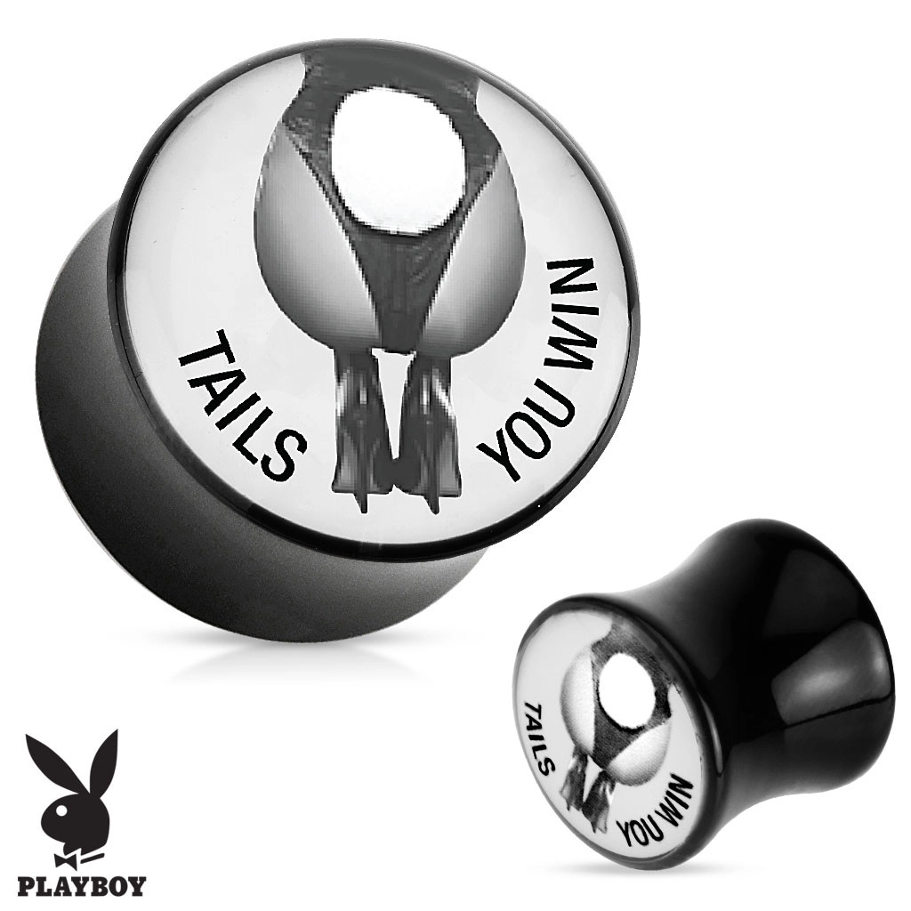 Akrylový sedlový plug do ucha Playboy - Tails You Win, černý - Tloušťka : 6 mm 