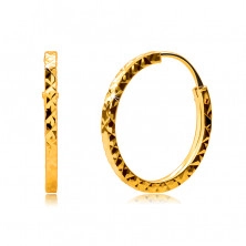 Náušnice ve žlutém 375 zlatě - kruhy ozdobené diamantovým řezem, hranatá ramena, 14 mm