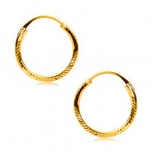 Náušnice ve žlutém 375 zlatě - kruhy s bočním rýhováním a diamantovým řezem, 12 mm