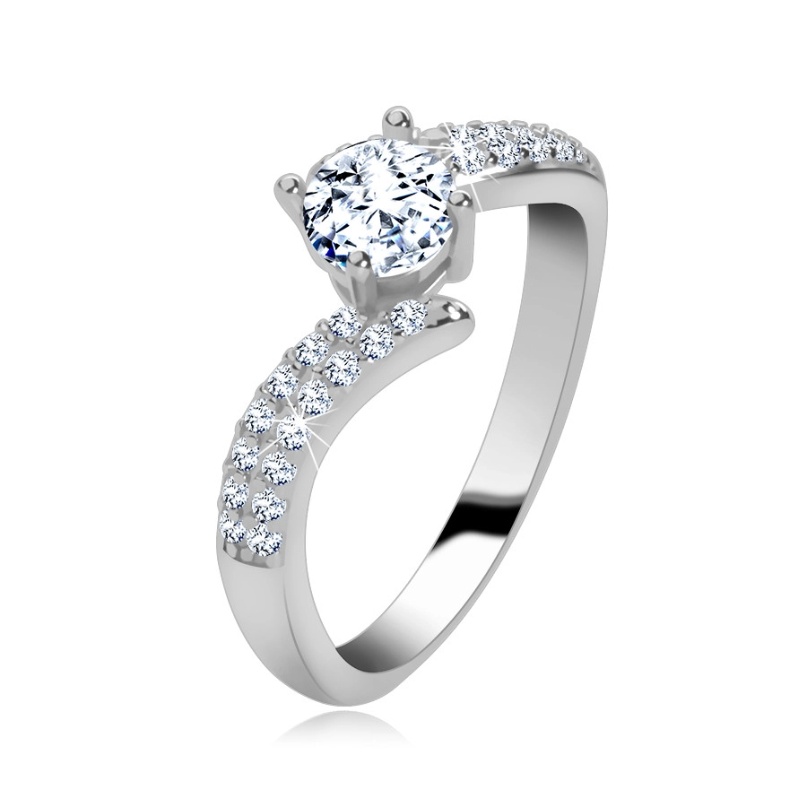 Zásnubní prsten ze stříbra 925, rozpojená stuha, zirkonová ramena, zirkon ve středu - Velikost: 50