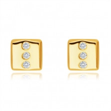 Diamantové 14K náušnice ze žlutého zlata - obdélník se třemi okrouhlými brilianty, puzetky