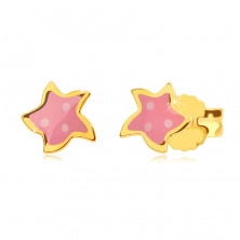 Náušnice ve žlutém zlatě 585 - hvězda s pěti cípy, růžovou glazurou a třemi tečkami