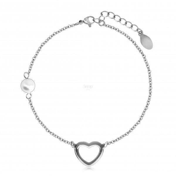 Ocelový náramek s perleťovou kuličkou, obrys srdce ve stříbrné barvě