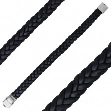 Černý kožený náramek - vzor zapleteného copánku, hodinkové zapínání