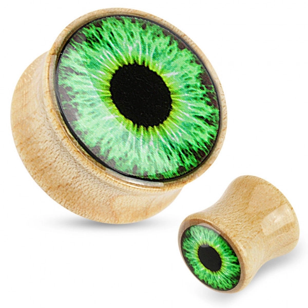 Plug do ucha ze dřeva - světle hnědá barva, průhledná glazura, zelené oko
