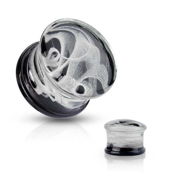 Sedlový plug do ucha, sklo Pyrex - vzor bílý dým s černým zakončením