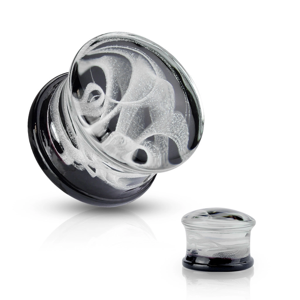 Sedlový plug do ucha, sklo Pyrex - vzor bílý dým s černým zakončením - Tloušťka : 12 mm