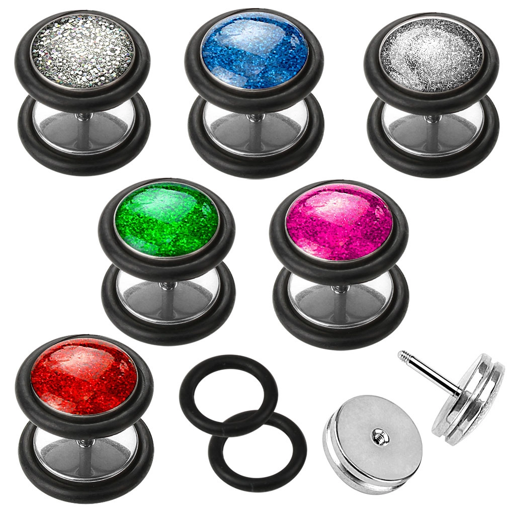 Fake plug z oceli 316L, kulatý tvar, černé gumičky, různé barvy, 6 mm - Barva piercing: Duhová
