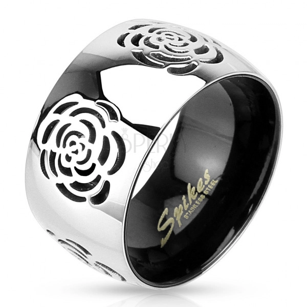 Prsten z oceli 316L, stříbrno-černé barevné provedení, gravírované růže