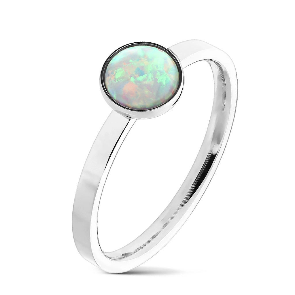 Ocelový prsten stříbrné barvy, syntetický opál s duhovými odlesky, úzká ramena - Velikost: 55