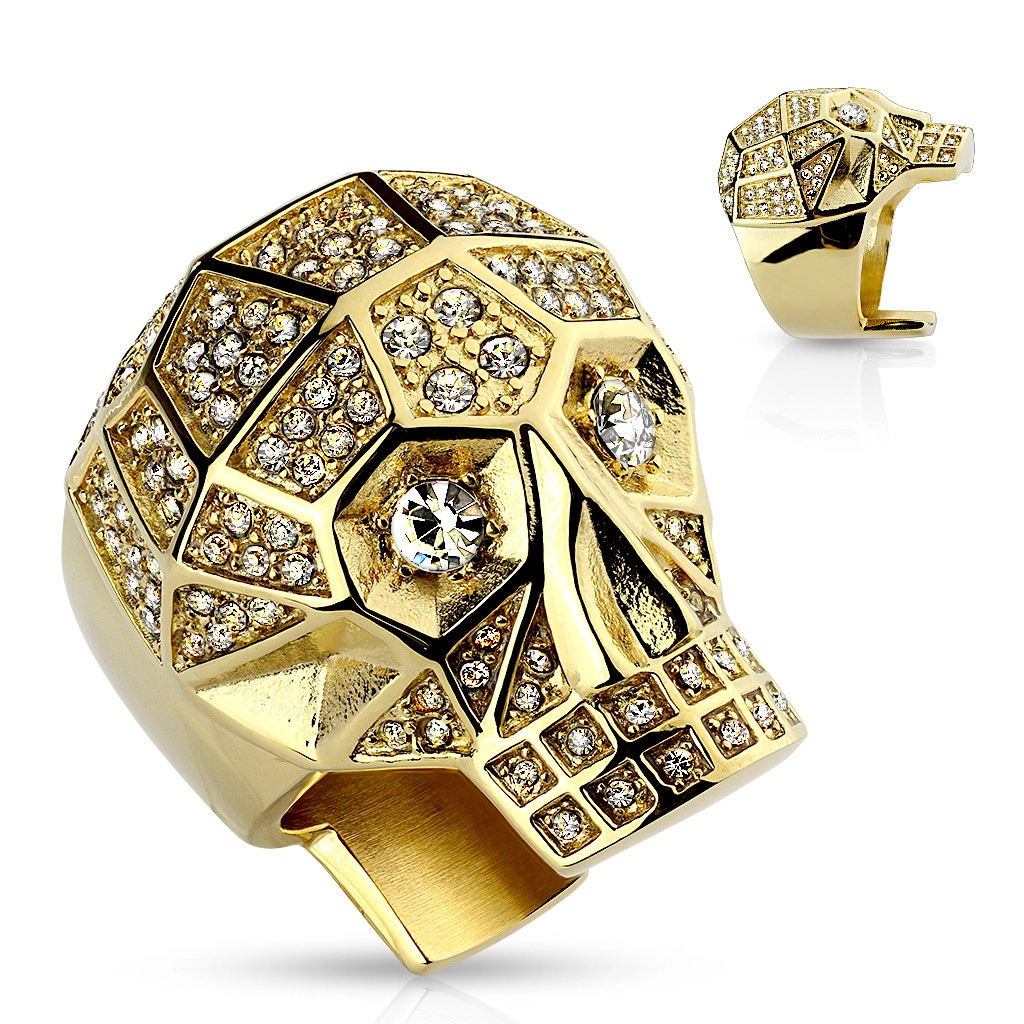 Mohutný prsten z oceli 316L, zlatá barva, lebka, čiré křišťály - Velikost: 67