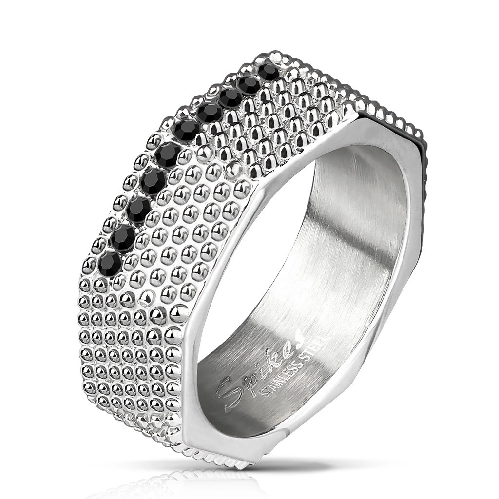 Ocelový prsten - industriální styl, mohutný šroub s výčnělky a černými zirkony - Velikost: 62