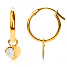 Zlaté náušnice v 14K zlatě, kruhy s přívěskem srdíčka, francouzský zámek, 12 mm