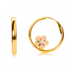 Zlaté kruhové náušnice v 14K zlatě, růžový kvítek, lesklý povrch, 15 mm