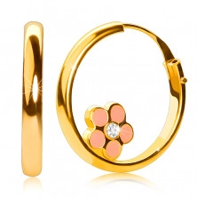 Zlaté kruhové náušnice v 14K zlatě, růžový kvítek, lesklý povrch, 15 mm