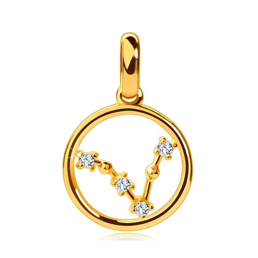 Levně Přívěsek ze žlutého 375 zlata, souhvězdí Ryb, čiré zirkony, tvar kruh