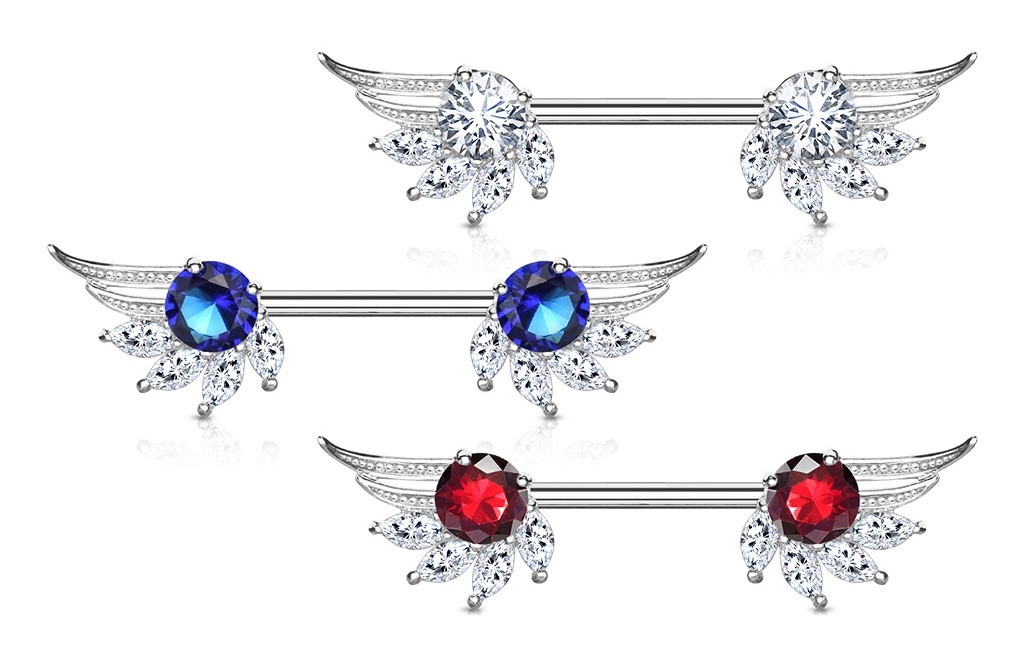 Piercing do bradavky z chirurgické oceli, andělská křídla, zirkony, rhodiovaný - Barva zirkonu: Čirá - modrá