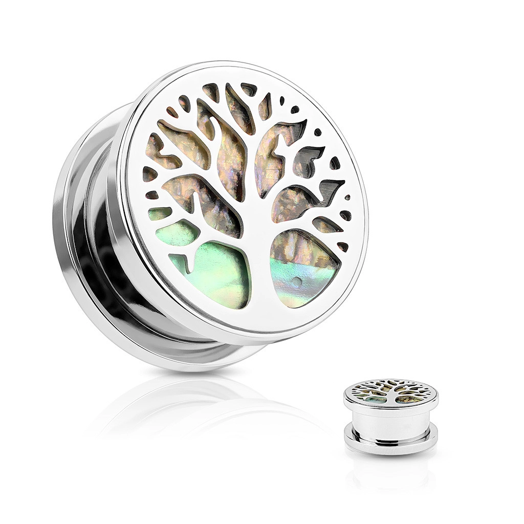 Ocelový tunel do ucha, strom života, kruh z mušle Abalone, stříbrná barva - Tloušťka : 8 mm