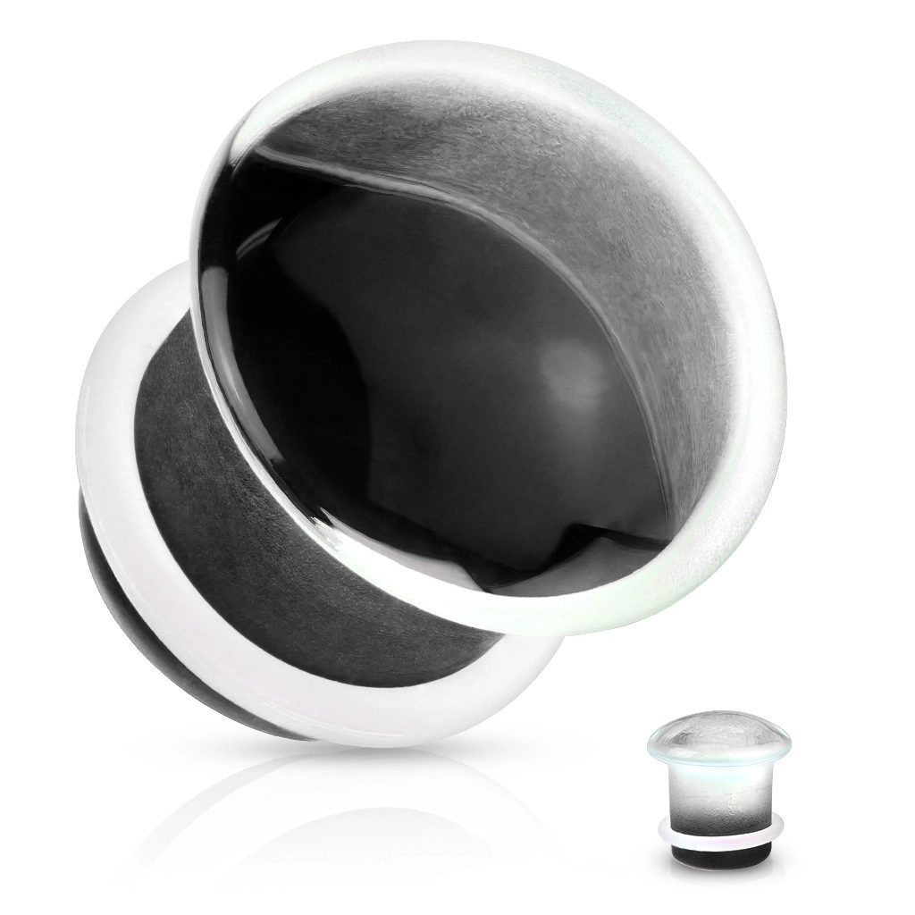 Plug do ucha, čiré sklo, vypouklý tvar - hříbek s černým zakončením, brzdicí gumička - Tloušťka : 6 mm 
