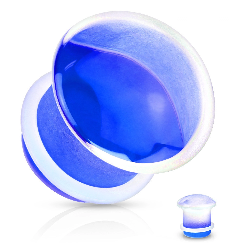 Plug do ucha, čiré sklo, vypouklý tvar v modrém zakončení, brzdicí gumička - Tloušťka : 6 mm 