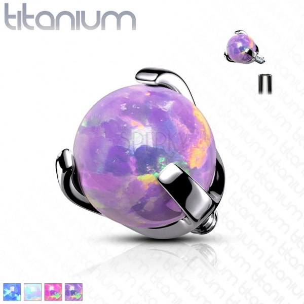 Hlavička z titanu, kulička v pouzdře, syntetický opál, závit, různé barvy, 3 mm