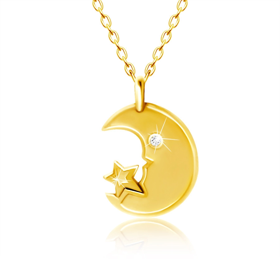 Levně Náhrdelník ve žlutém 9K zlatě - měsíček s čirým zirkonovým očkem, hvězdička