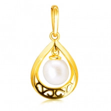 Přívěsek ze 9K žlutého zlata - kontura slzy s výřezem ve tvaru ornamentů, perla bílé barvy
