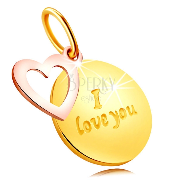 Přívěsek z kombinovaného 375 zlata - kulatá známka s nápisem "I love you", kontura srdce