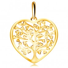 Přívěsek ve žlutém zlatě 375 - kontura srdce s rozvětveným stromem života