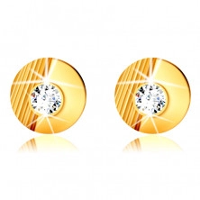 Zlaté 9K náušnice - kroužek se zářezy, hladký půlkruh, vsazený kulatý zirkon, puzetky