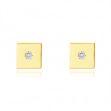 Zlaté 9K náušnice - hladký lesklý čtvereček, drobný kulatý zirkon, puzetové zapínání