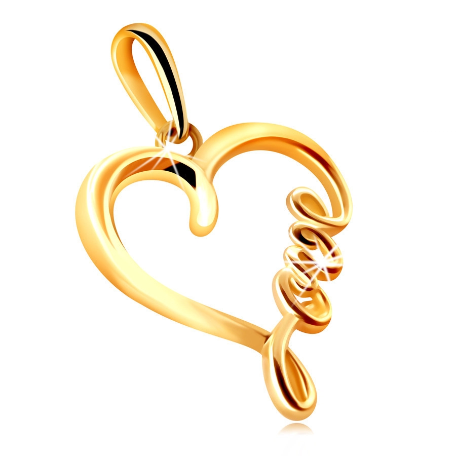 Přívěsek ze žlutého 375 zlata - lesklá kontura srdce s nápisem \