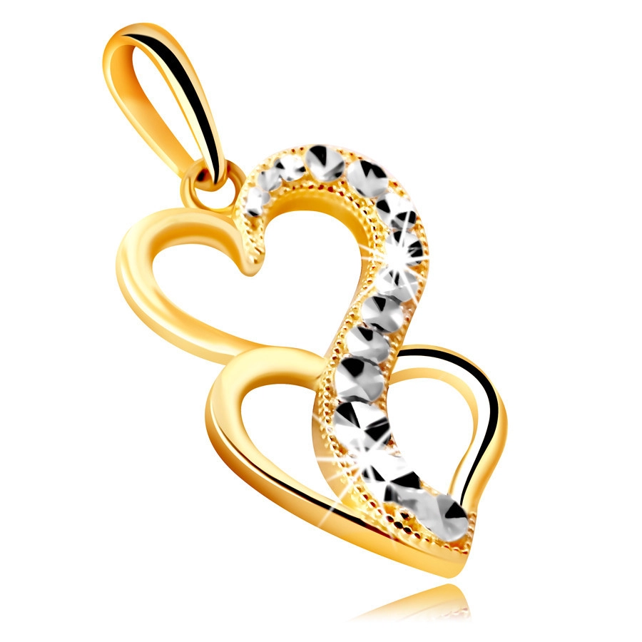 Přívěsek z kombinovaného 9K zlata - dvě srdce spojená prodlouženou třpytivou linií