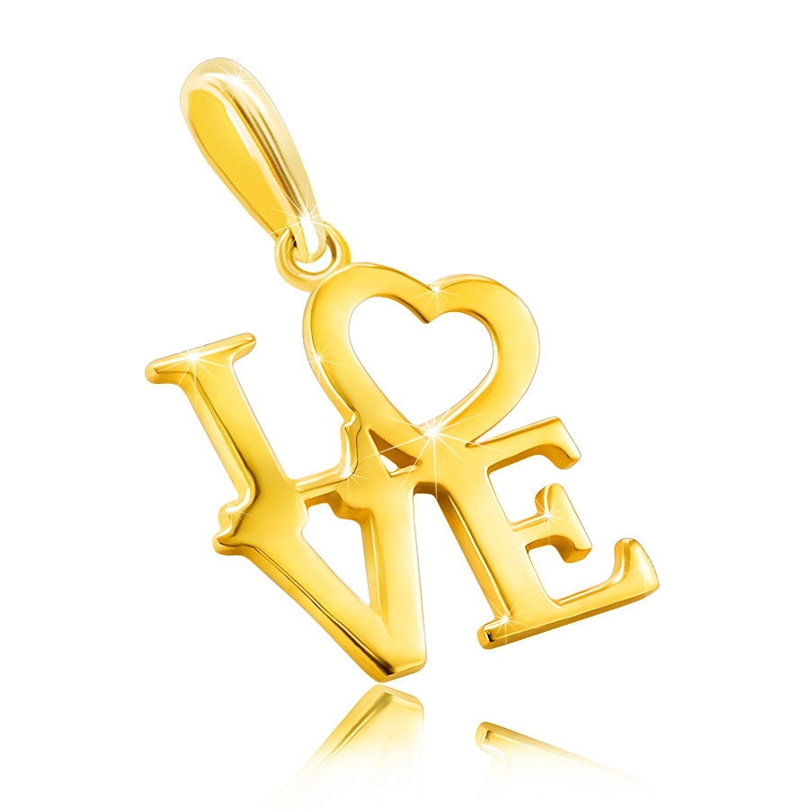 Levně Přívěsek z 9K žlutého zlata - nápis "LOVE" velkými písmeny, srdíčko jako písmeno O