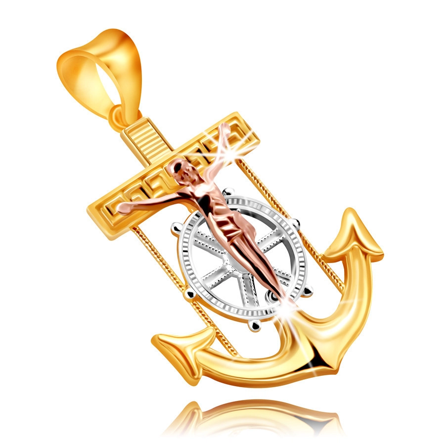 Přívěsek z kombinovaného 9K zlata - námořnická kotva s Ježíšem na kříži