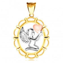 Přívěsek z kombinovaného 9K zlata - modlící se anděl se srdcem na rukou, v oválném rámu