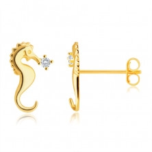 Puzetové zlaté 375 náušnice - motiv mořského koníka, třpytivý kulatý zirkon