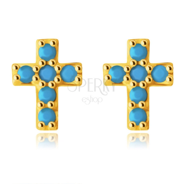 Náušnice z 9K zlata - drobný latinský křížek ozdobený kulatými tyrkysy, puzetky