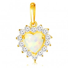 Zlatý 9K přívěsek - bílý syntetický opál ve tvaru srdce, lem z kulatých čirých zirkonů