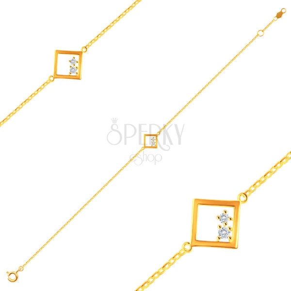 Náramek z 9K žlutého zlata - plochá oválná očka, přívěsek obrys kosočtverce se dvěma zirkony