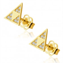 Zlaté 375 náušnice - lesklý trojúhelník se třemi menšími trojúhelníky ve výřezu, drobné zirkony