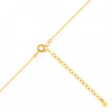 Náhrdelník ze žlutého 9K zlata - jemný řetízek s bílou kuličkou v perleťovém odlesku a s čirým zirkonem