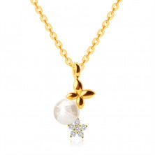 Zlatý 9K náhrdelník - lesklý řetízek ve žlutém zlatě, kulička v perleťové barvě, motýlek, zirkonový květ