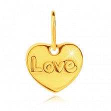 9K přívěsek ve žlutém zlatě - ploché symetrické srdce s gravírovaným nápisem Love, zrcadlový lesk