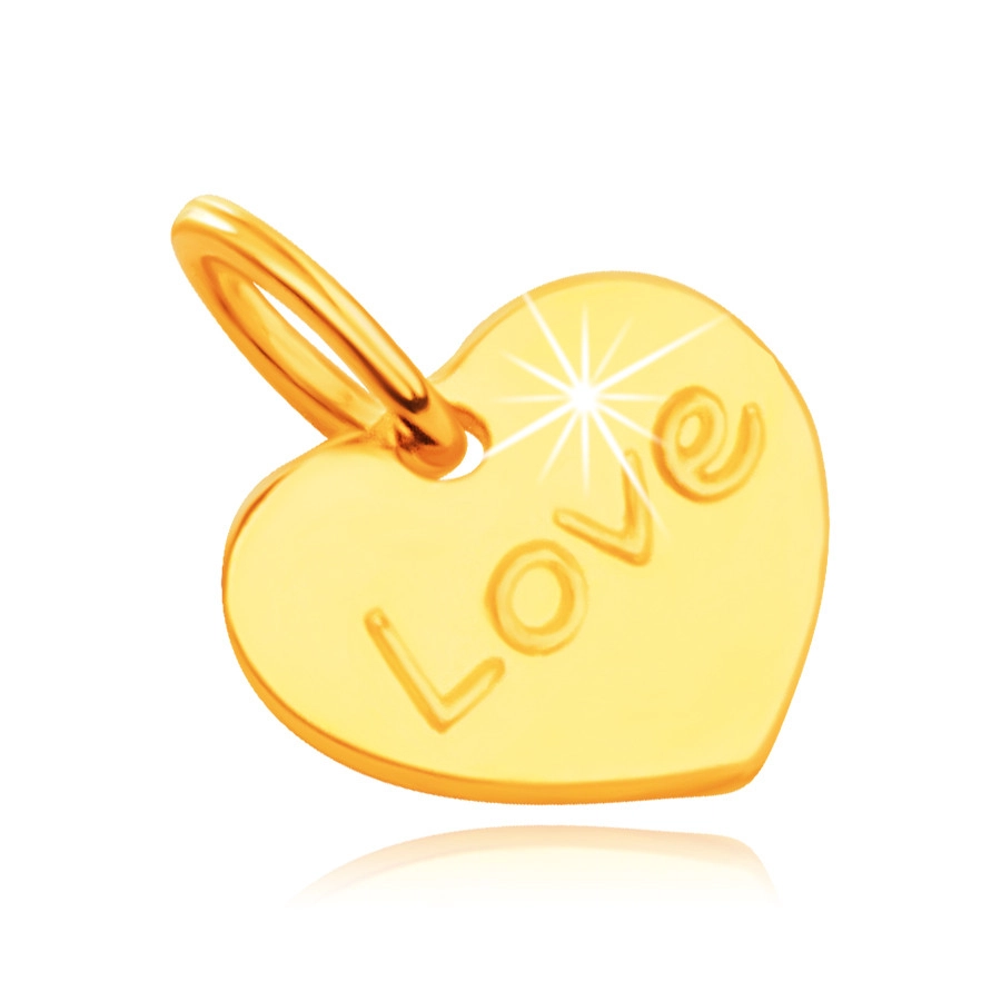 9K přívěsek ve žlutém zlatě - ploché symetrické srdce s gravírovaným nápisem Love, zrcadlový lesk