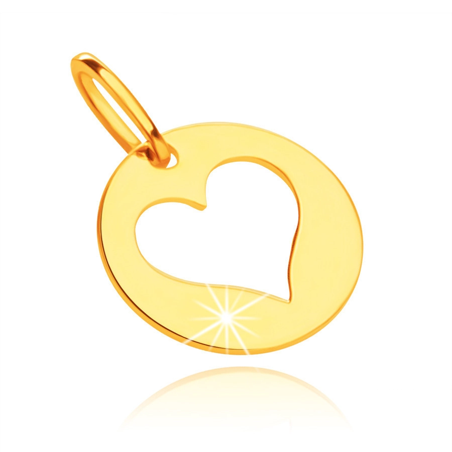 Přívěsek ze žlutého 14K zlata - lesklý kruh s výřezem srdce