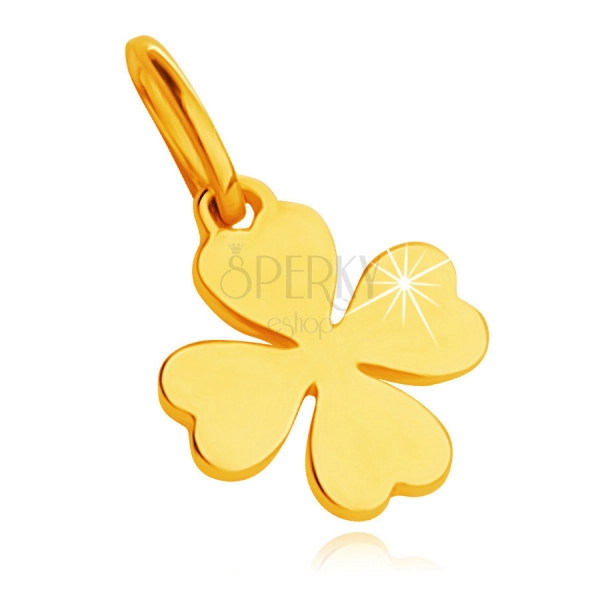 Přívěsek ze žlutého 14K zlata - plochý čtyřlístek s listy ve tvaru srdce