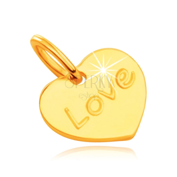 14K přívěsek ve žlutém zlatě - ploché symetrické srdce s gravírovaným nápisem Love, zrcadlový lesk